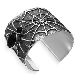 Sterling Silver Whitby Jet Gothic Spider Cuff Bangle
