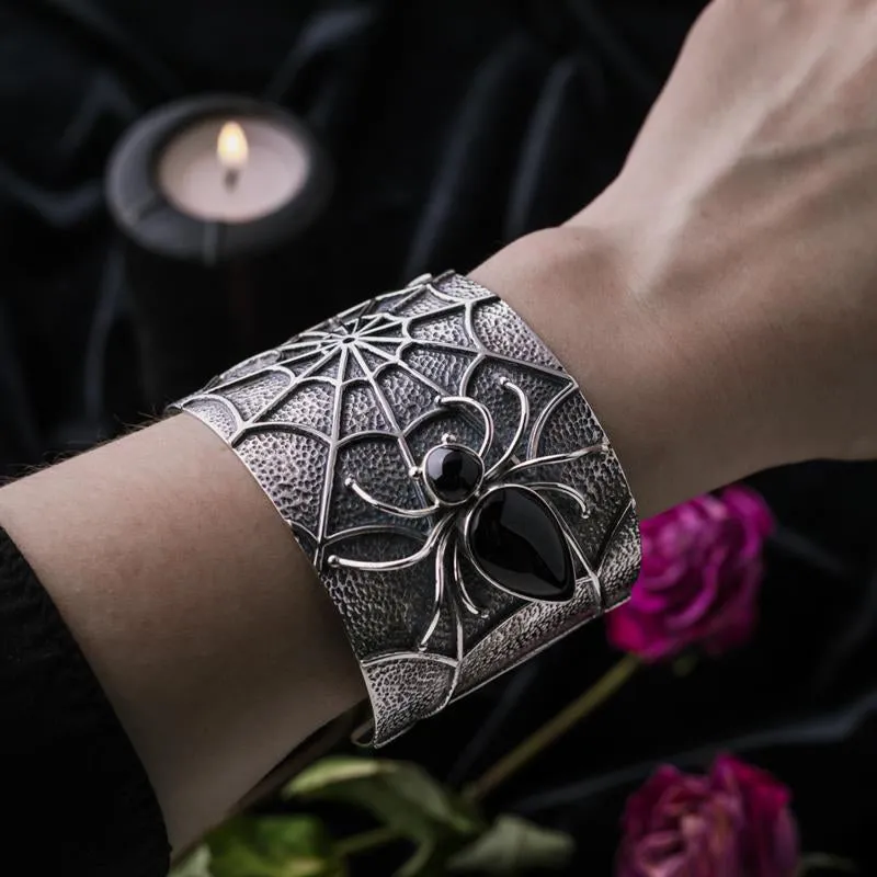 Sterling Silver Whitby Jet Gothic Spider Cuff Bangle