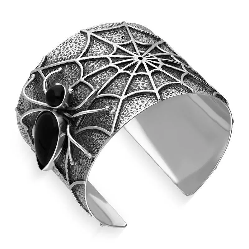 Sterling Silver Whitby Jet Gothic Spider Cuff Bangle