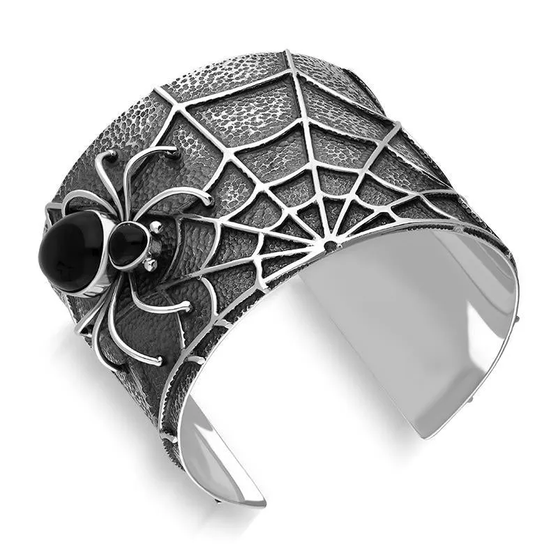 Sterling Silver Whitby Jet Gothic Spider Cuff Bangle