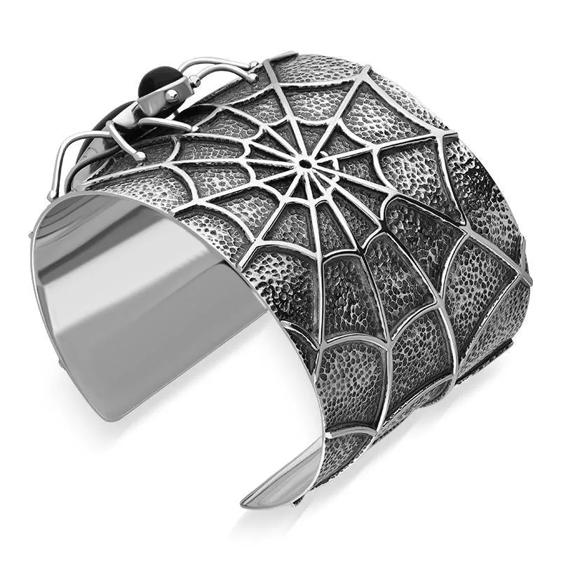Sterling Silver Whitby Jet Gothic Spider Cuff Bangle