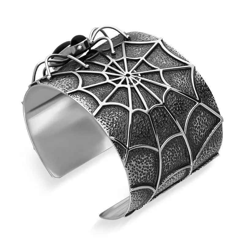 Sterling Silver Whitby Jet Gothic Spider Cuff Bangle