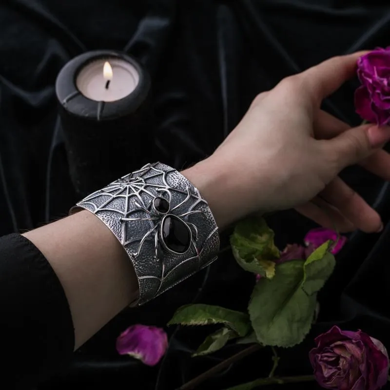 Sterling Silver Whitby Jet Gothic Spider Cuff Bangle