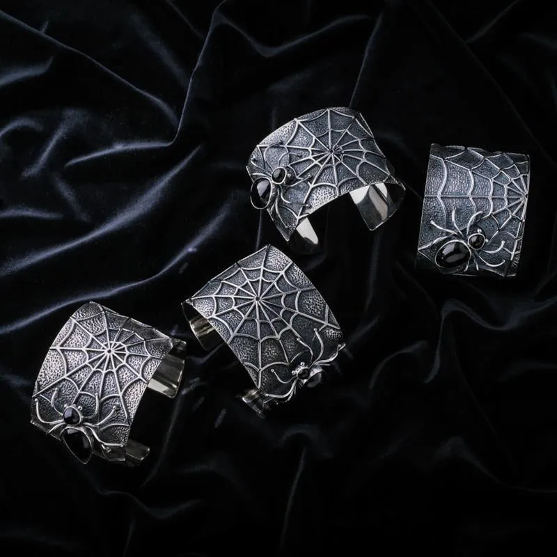Sterling Silver Whitby Jet Gothic Spider Cuff Bangle