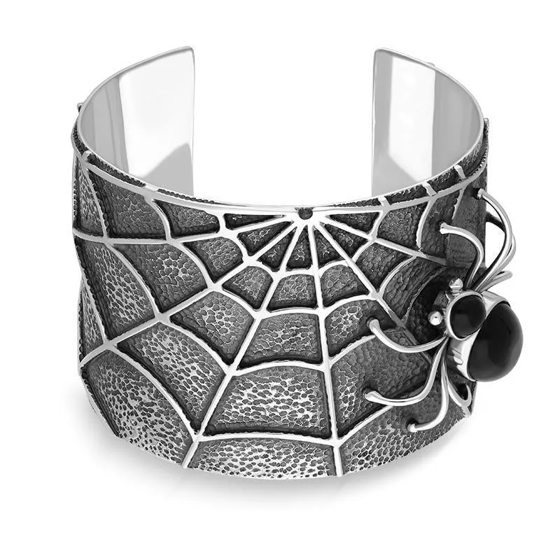 Sterling Silver Whitby Jet Gothic Spider Cuff Bangle