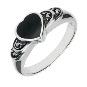 Sterling Silver Whitby Jet Heart Marcasite Shoulder Ring