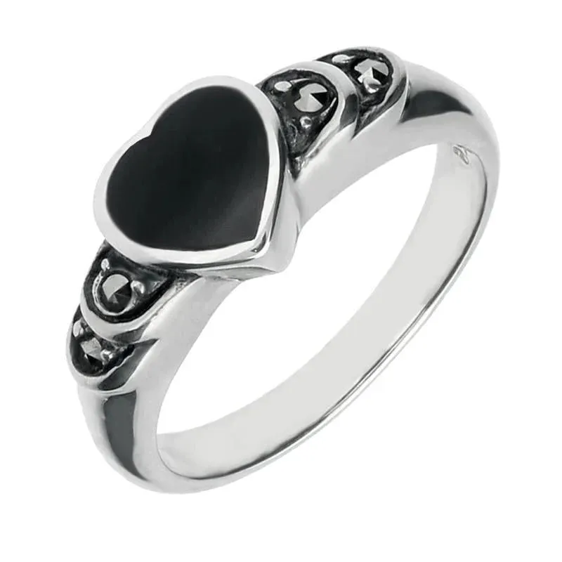 Sterling Silver Whitby Jet Heart Marcasite Shoulder Ring