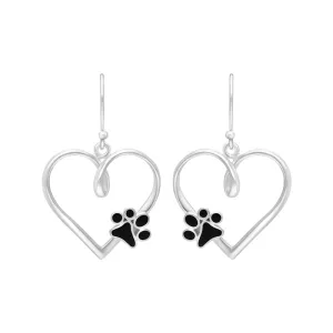 Sterling Silver Whitby Jet Heart Paw Print Earrings