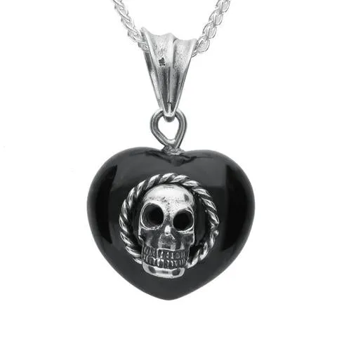 Sterling Silver Whitby Jet Heart Skull Necklace