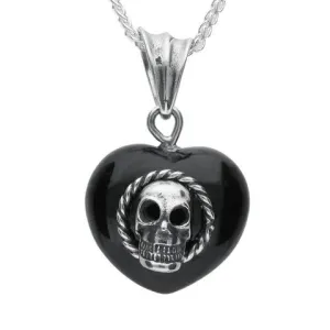 Sterling Silver Whitby Jet Heart Skull Necklace