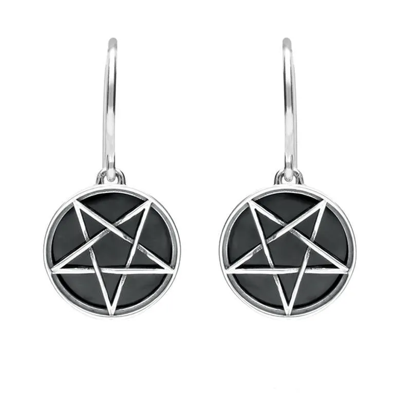 Sterling Silver Whitby Jet Inverse Pentagram Drop Earrings