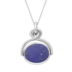 Sterling Silver Whitby Jet Lapis Lazuli Oval Swivel Fob Necklace