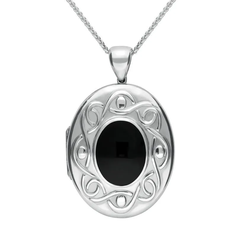 Sterling Silver Whitby Jet Large Celtic Oval Locket