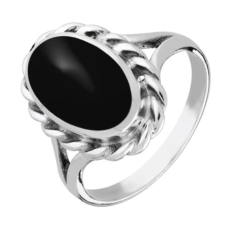 Sterling Silver Whitby Jet Large Oval Rope Edge Ring