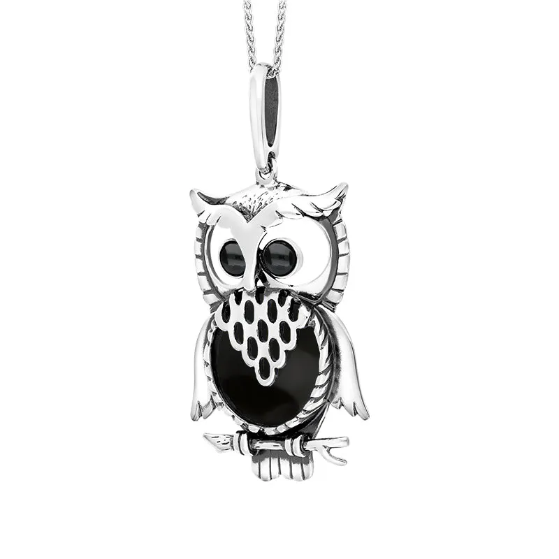 Sterling Silver Whitby Jet Large Owl Necklace