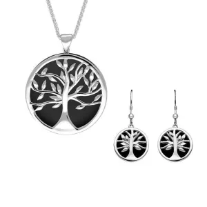 Sterling Silver Whitby Jet Large Round Tree of Life Two Piece Set