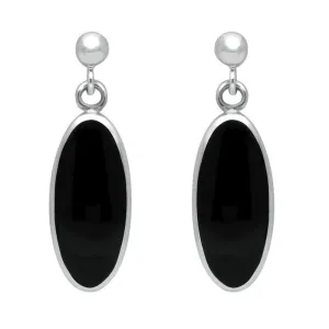 Sterling Silver Whitby Jet Light Long Oval Drop Earrings