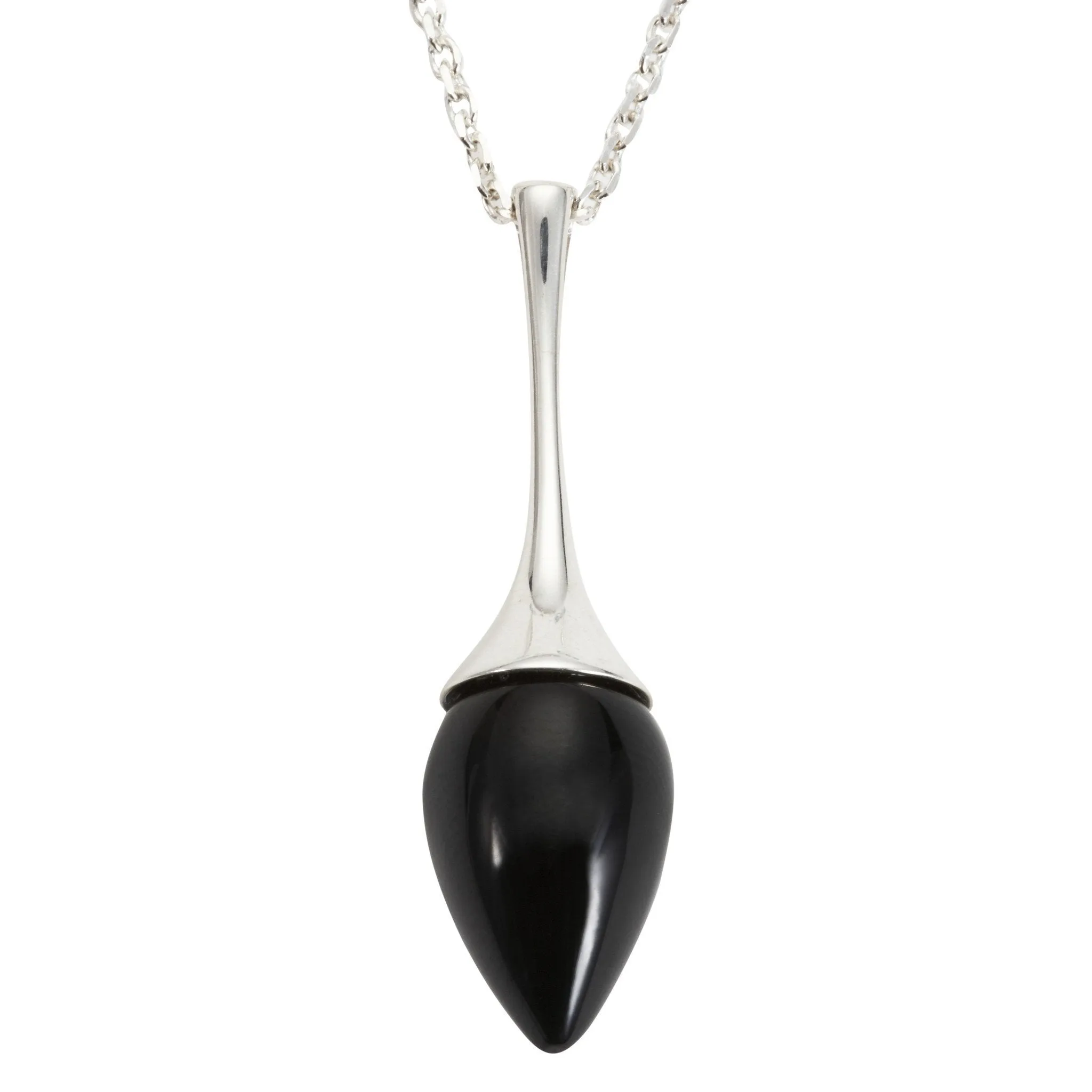 Sterling Silver Whitby Jet  Long Flute Pear Stone Necklace