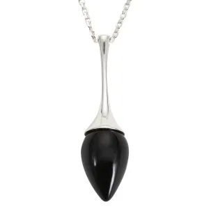 Sterling Silver Whitby Jet  Long Flute Pear Stone Necklace