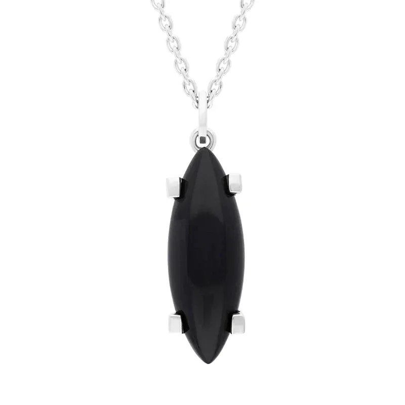 Sterling Silver Whitby Jet Long Marquise Claw Set Necklace D