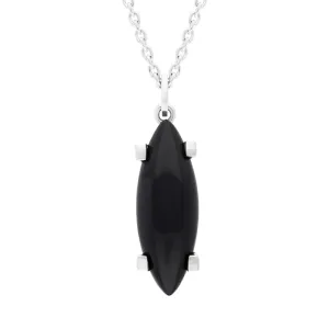 Sterling Silver Whitby Jet Long Marquise Claw Set Necklace D