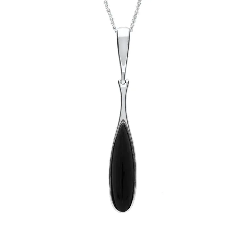 Sterling Silver Whitby Jet Long Slim Pear Drop Necklace