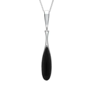 Sterling Silver Whitby Jet Long Slim Pear Drop Necklace