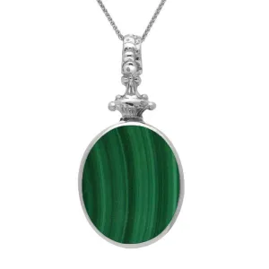 Sterling Silver Whitby Jet Malachite Double Sided Oval Fob Necklace
