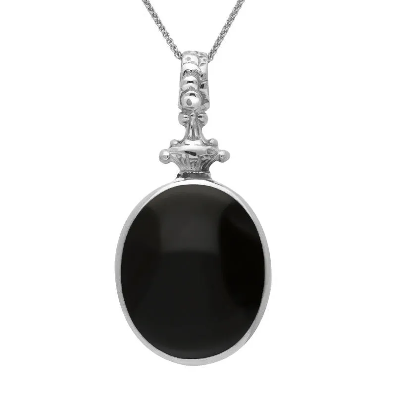 Sterling Silver Whitby Jet Malachite Double Sided Oval Fob Necklace