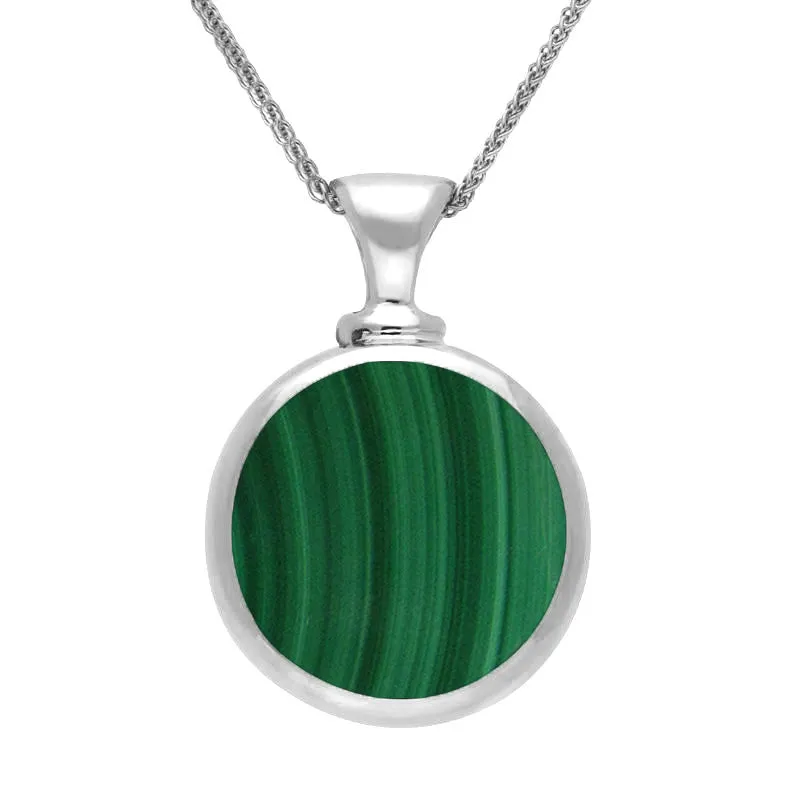 Sterling Silver Whitby Jet Malachite Double Sided Round Dinky Fob Necklace