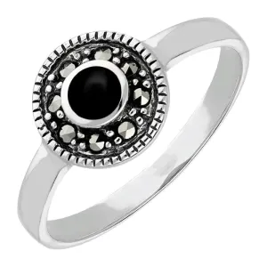 Sterling Silver Whitby Jet Marcasite Beaded Edge Ring