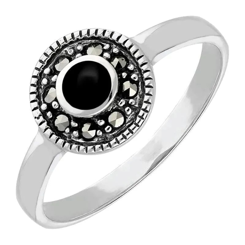 Sterling Silver Whitby Jet Marcasite Beaded Edge Ring