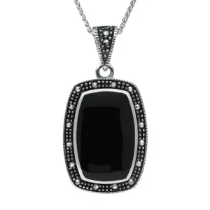 Sterling Silver Whitby Jet Marcasite Curved Oblong Necklace D