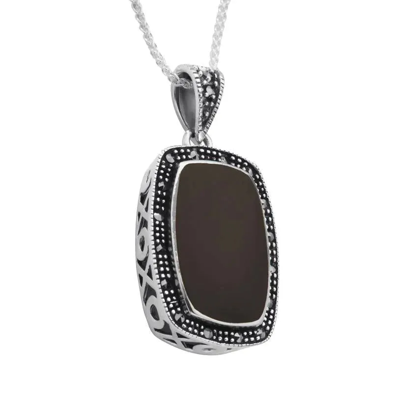 Sterling Silver Whitby Jet Marcasite Curved Oblong Necklace D