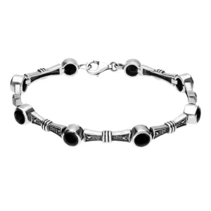Sterling Silver Whitby Jet Marcasite Eight Stone Round Link Bracelet