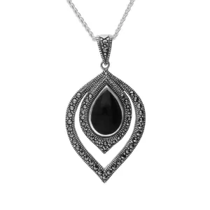 Sterling Silver Whitby Jet Marcasite Fancy Pear Necklace