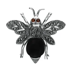 Sterling Silver Whitby Jet Marcasite Garnet Bee Brooch