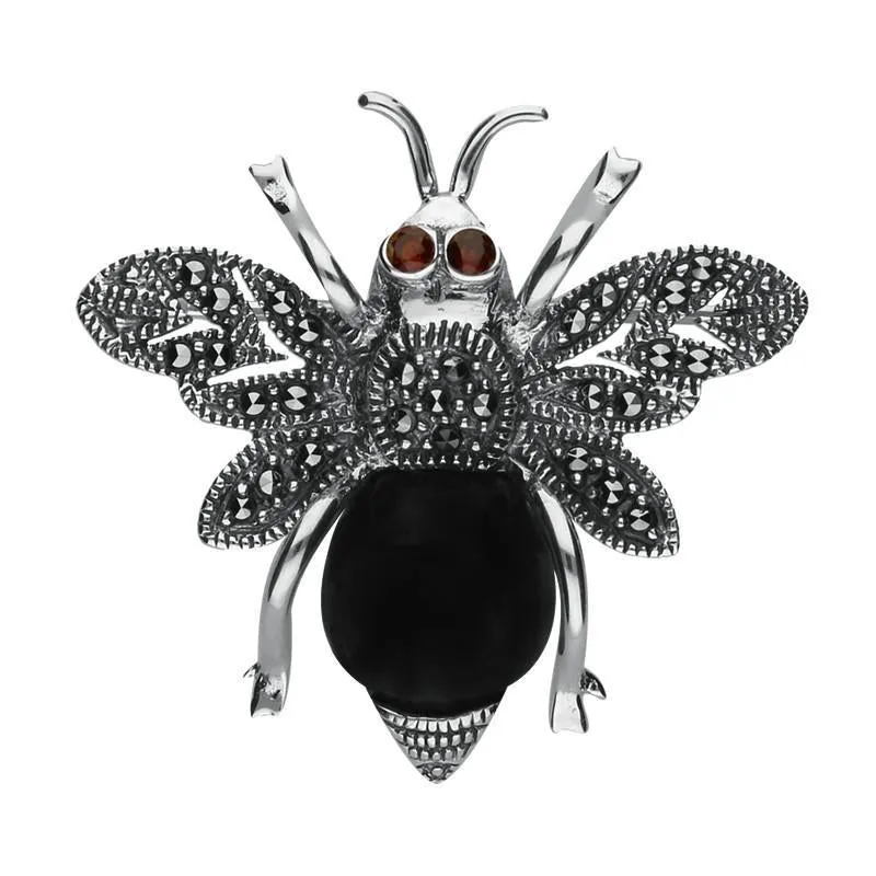 Sterling Silver Whitby Jet Marcasite Garnet Bee Brooch