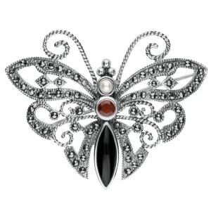 Sterling Silver Whitby Jet Marcasite Garnet Pearl Butterfly Brooch