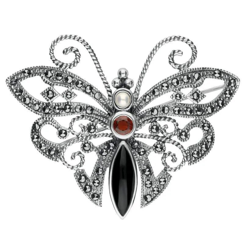 Sterling Silver Whitby Jet Marcasite Garnet Pearl Butterfly Brooch