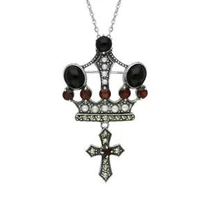 Sterling Silver Whitby Jet Marcasite Garnet Pearl Crown & Cross Necklace
