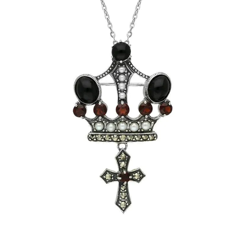 Sterling Silver Whitby Jet Marcasite Garnet Pearl Crown & Cross Necklace