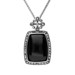 Sterling Silver Whitby Jet Marcasite Large Framed Oblong Necklace