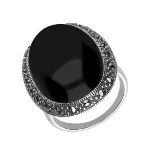 Sterling Silver Whitby Jet Marcasite Large Oval Ring