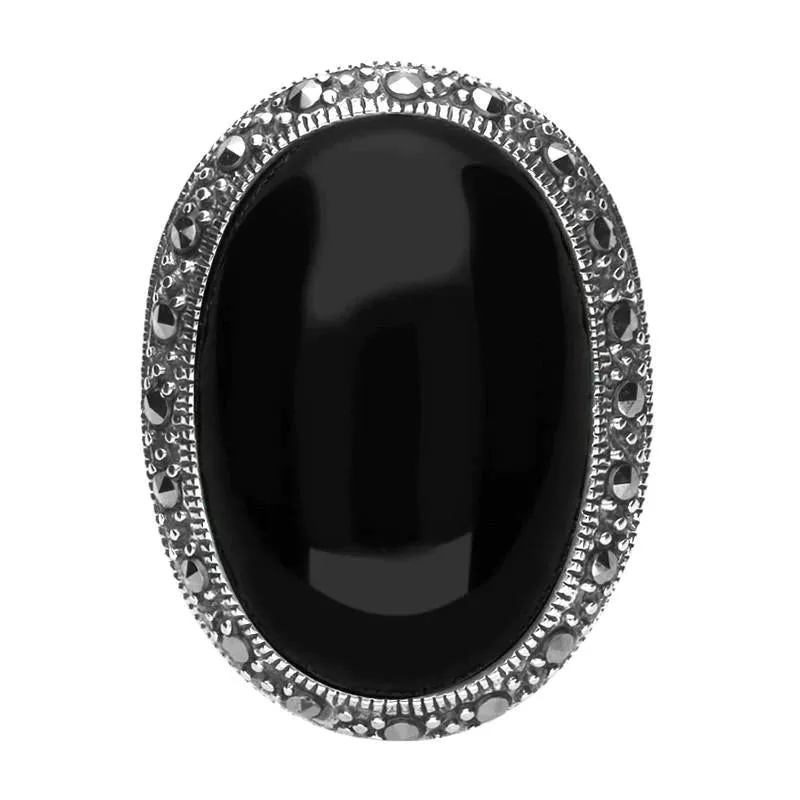 Sterling Silver Whitby Jet Marcasite Large Oval Ring