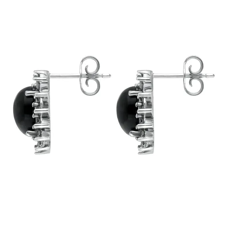 Sterling Silver Whitby Jet Marcasite Oval Beaded Edge Stud Earrings