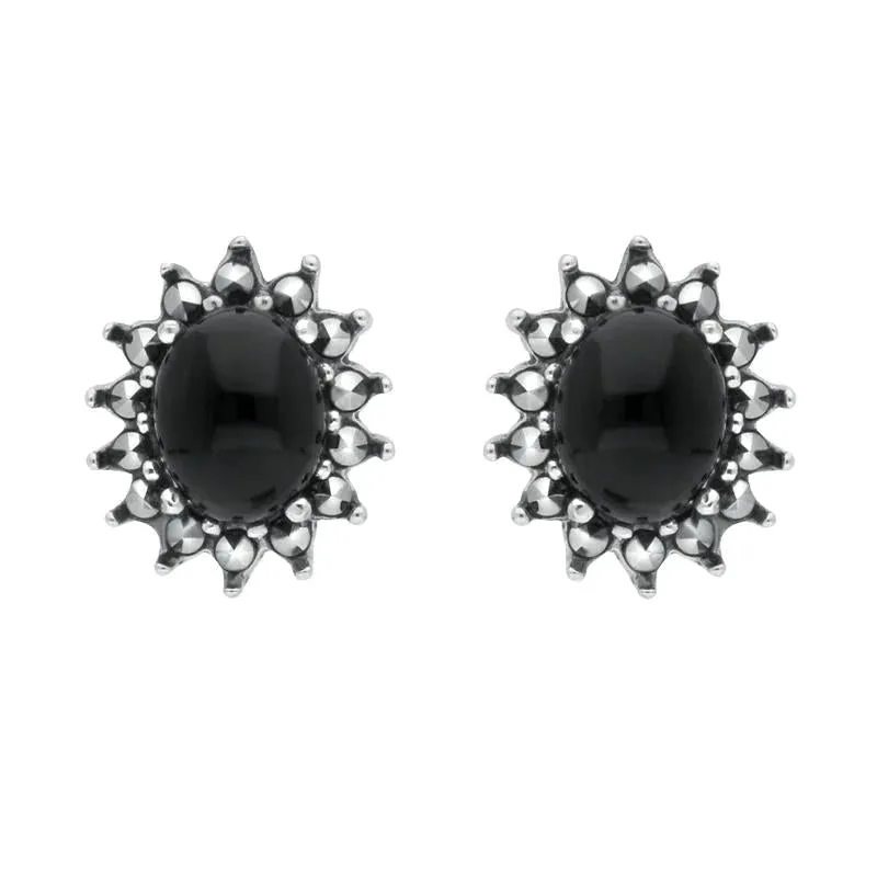 Sterling Silver Whitby Jet Marcasite Oval Beaded Edge Stud Earrings