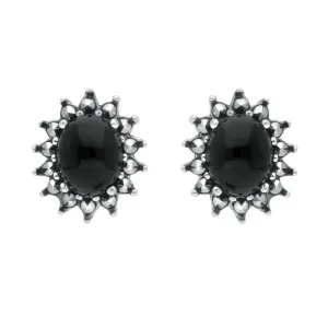 Sterling Silver Whitby Jet Marcasite Oval Beaded Edge Stud Earrings