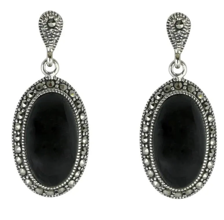 Sterling Silver Whitby Jet Marcasite Oval Star Back Drop Earrings