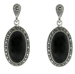 Sterling Silver Whitby Jet Marcasite Oval Star Back Drop Earrings